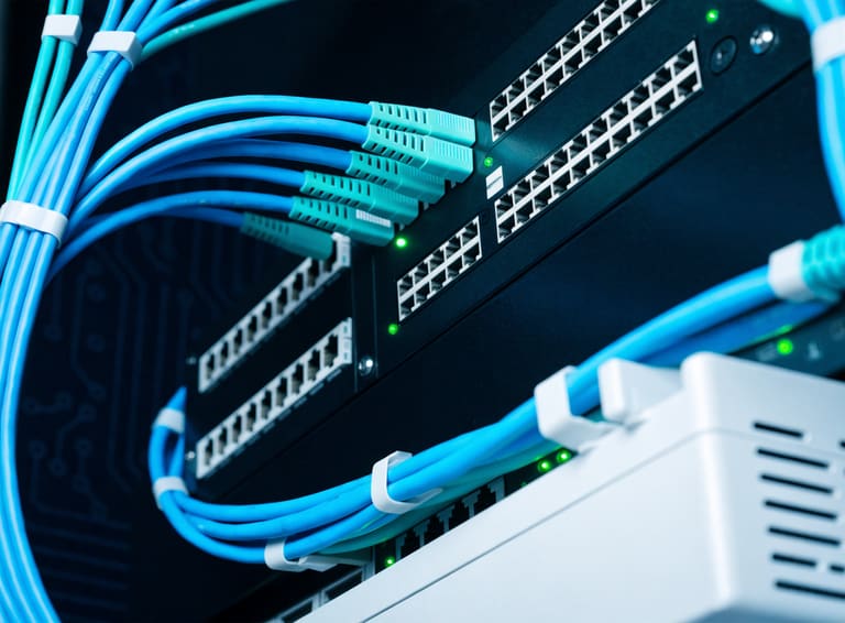 Ethernet patch cables connected to a network switch, part of a structured network installation