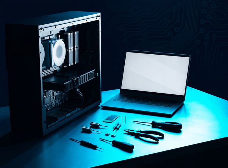An open desktop computer case beside a laptop and repair tools on a workbench